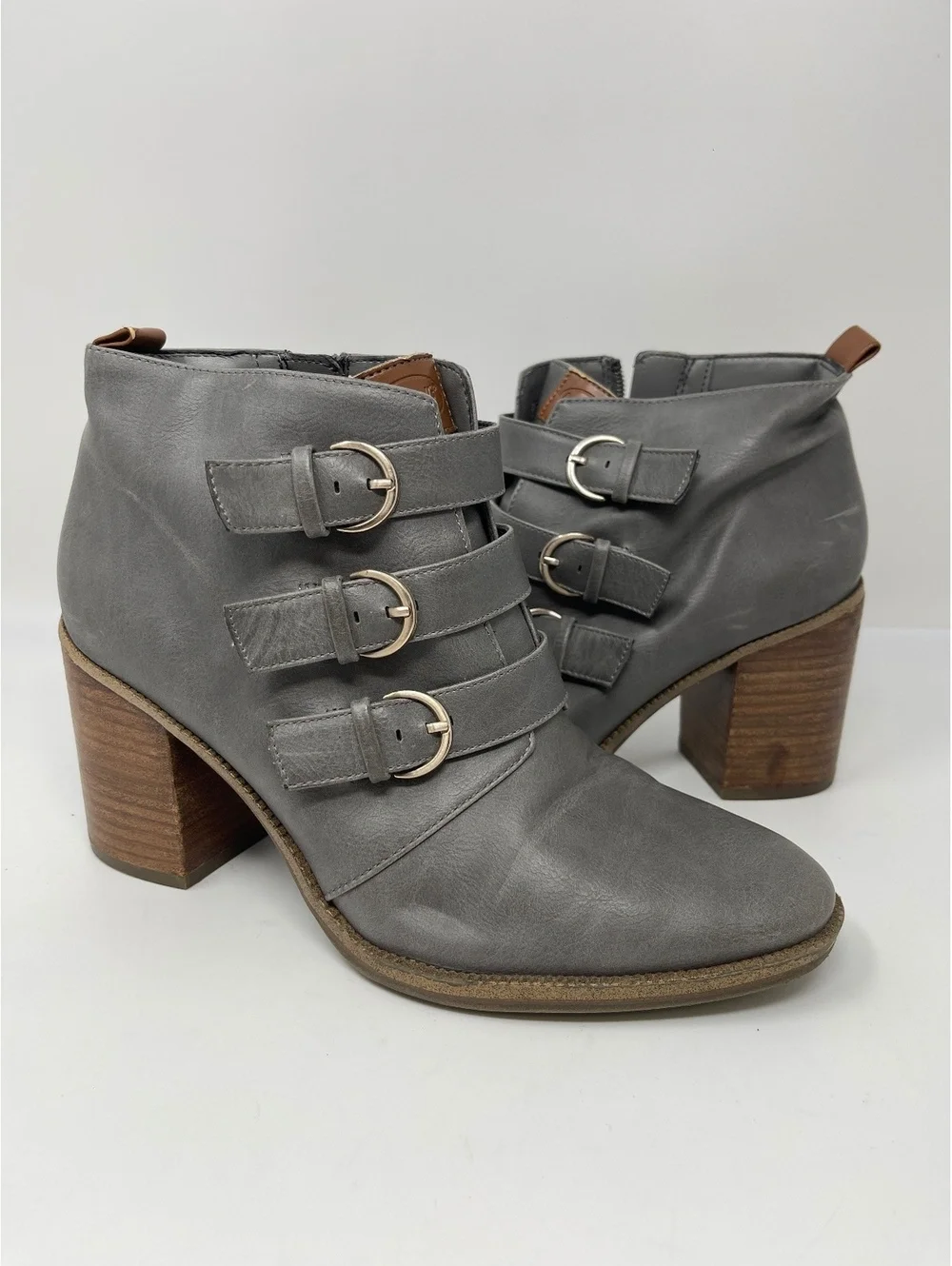 Dr. Scholl’s Women’s Size 7.5 Gray Faux Leather Triple Buckle Ankle Boots Heels